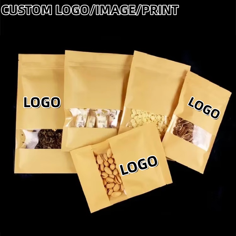 Logo Food Snack - 평평한 바닥의 크라프트 종이 지퍼백, 투명