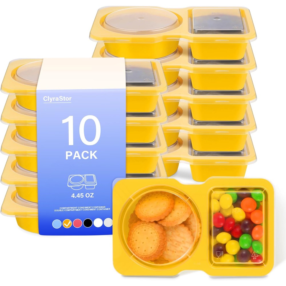 2칸짜리 일회용 플라스틱 간식 용기(뚜껑 포함), 10 - Yellow Food Snacks 리뷰 및 가격